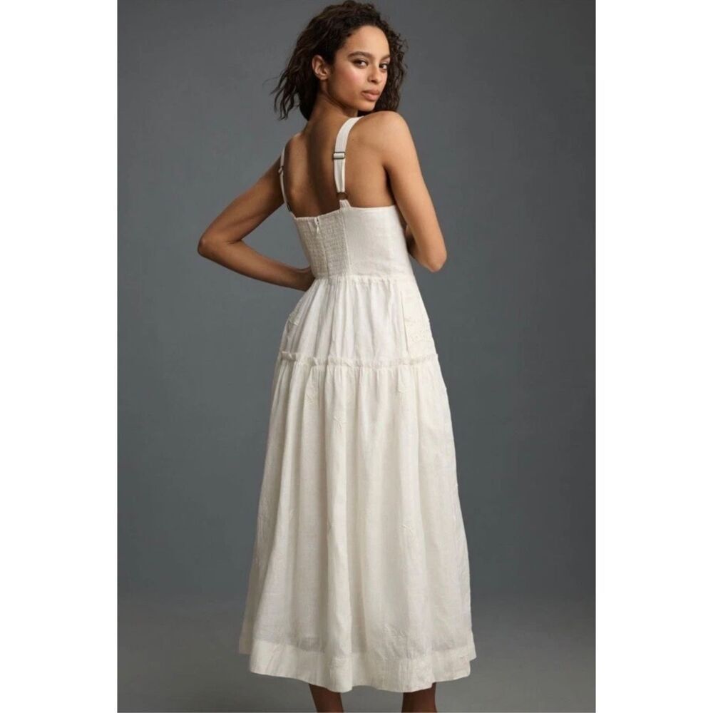 Anthropologie Flax Linen Ilet Embroidered Maxi Boho Square Neck White Dress M - Picture 4 of 16